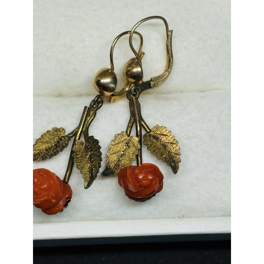 Vintage Antique Victorian 14k & 10k Gold Carved Red Rose Coral Dangle Earrings - Picture 2 of 7
